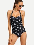 Romwe Anchor Print Ruched One-piece Swimwear - Black