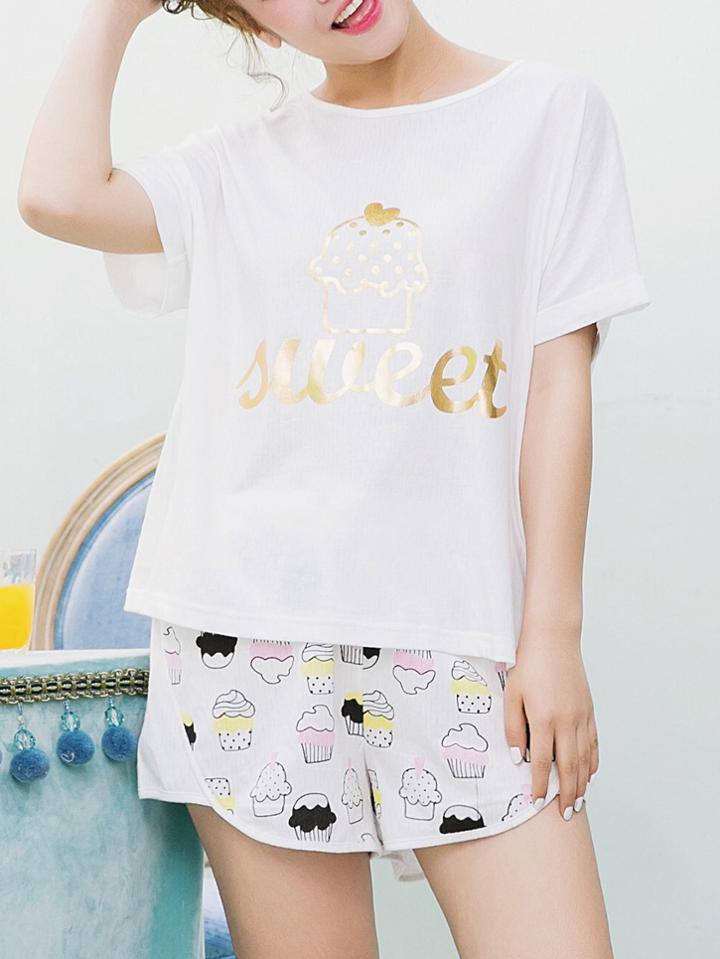 Romwe Letter Print Tee & Cartoon Print Shorts Pj Set