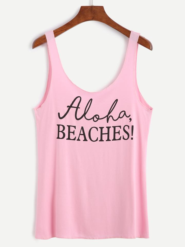 Romwe Pink Scoop Neck Letter Print Tank Top