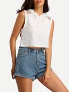 Romwe Eyelet Shoulder Sleeveless Crop Hoodie