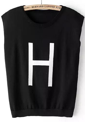 Romwe Round Neck H Print Black Sweater