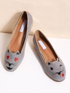 Romwe Grey Cat Embroidery Ballet Flats