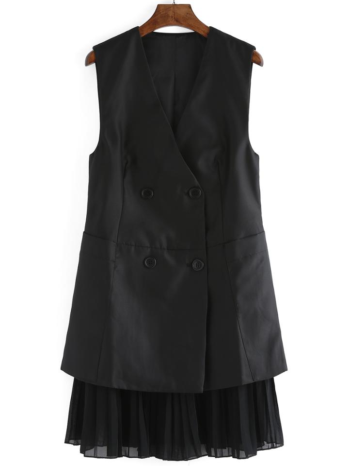 Romwe V Neck Double Breasted Pleated Dress