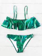 Romwe Leaf Print Flounce Design Bikini Set