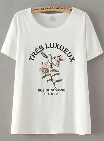 Romwe White Short Sleeve Letters Lily Print T-shirt