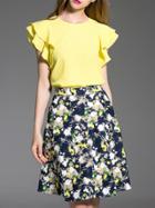 Romwe Yellow Ruffle Sleeve Top With Print Skirt