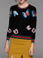 Romwe Black Butterfly Sequined Striped Sweater