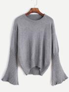Romwe Grey Drop Shoulder Bell Sleeve Dip Hem Sweater