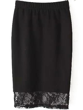 Romwe Elastic Waist Lace Hem Black Skirt