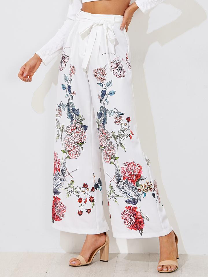 Romwe Self Belted Flower Print Palazzo Pants