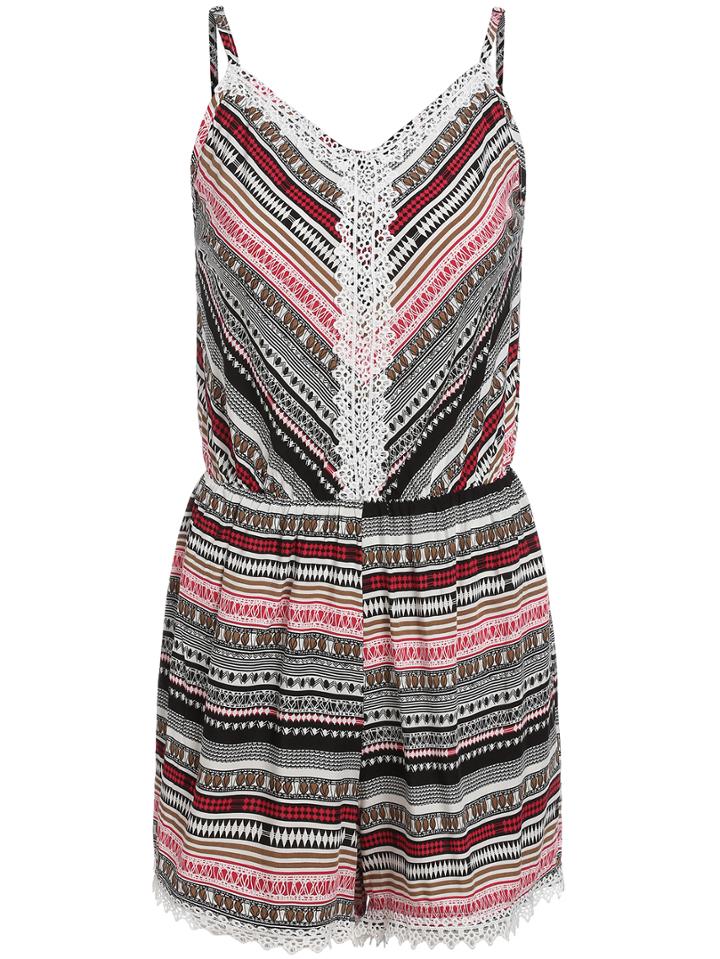 Romwe Spaghetti Strap Tribal Print Contrast Lace Romper
