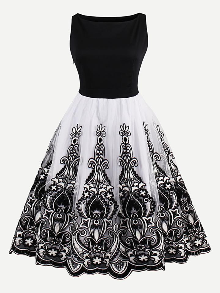 Romwe Flower Embroidered Mesh Overlay Combo Dress
