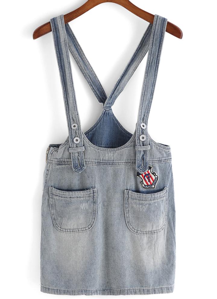 Romwe Strap With Pockets Embroidered Patch Denim Dress