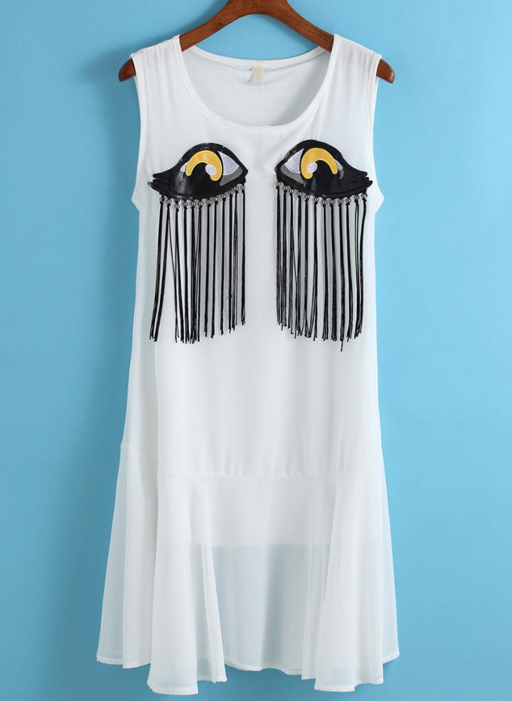 Romwe Eyes Print With Tassel Chiffon Dress
