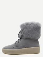 Romwe Grey Lace Up Faux Fur Cuff Ankle Boots