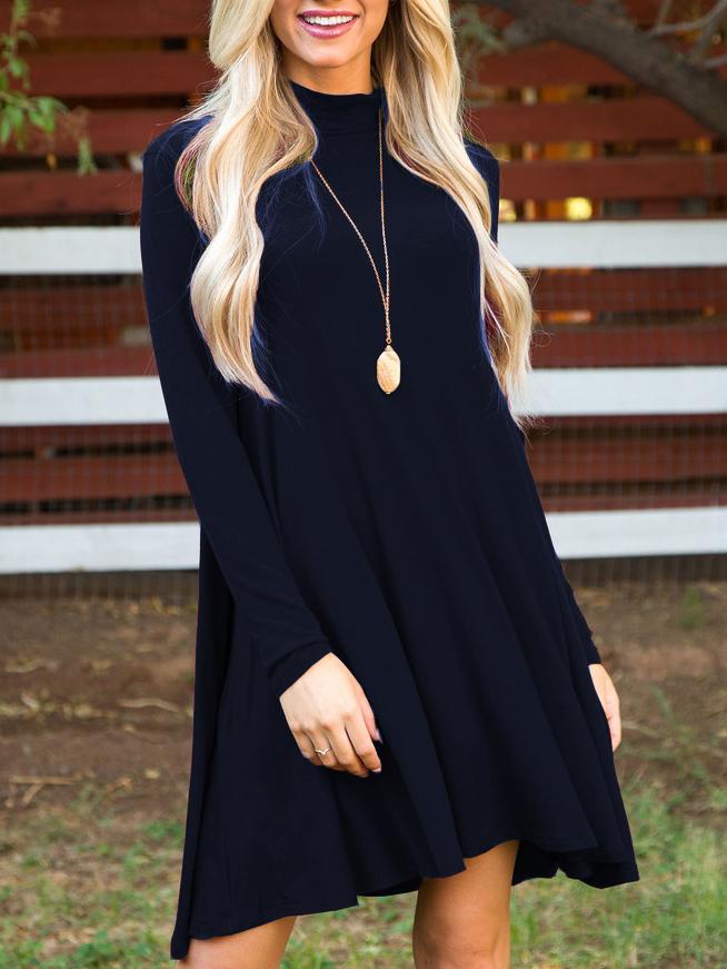 Romwe Navy Stand Collar Long Sleeve Loose Dress