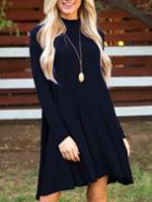 Romwe Navy Stand Collar Long Sleeve Loose Dress