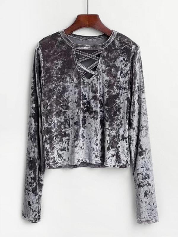 Romwe Lattice Front Crushed Velvet Top