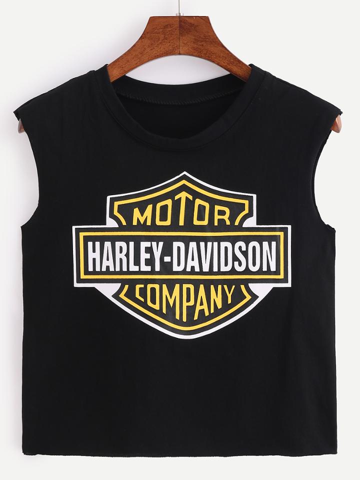 Romwe Logo Print Crop Tank Top - Black