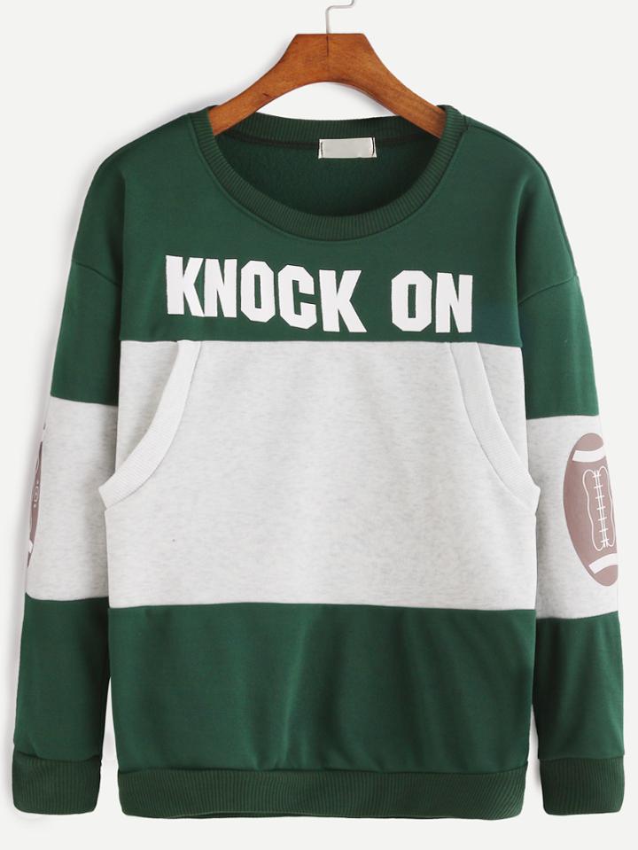 Romwe Contrast Printed Pocket Sweatshirt