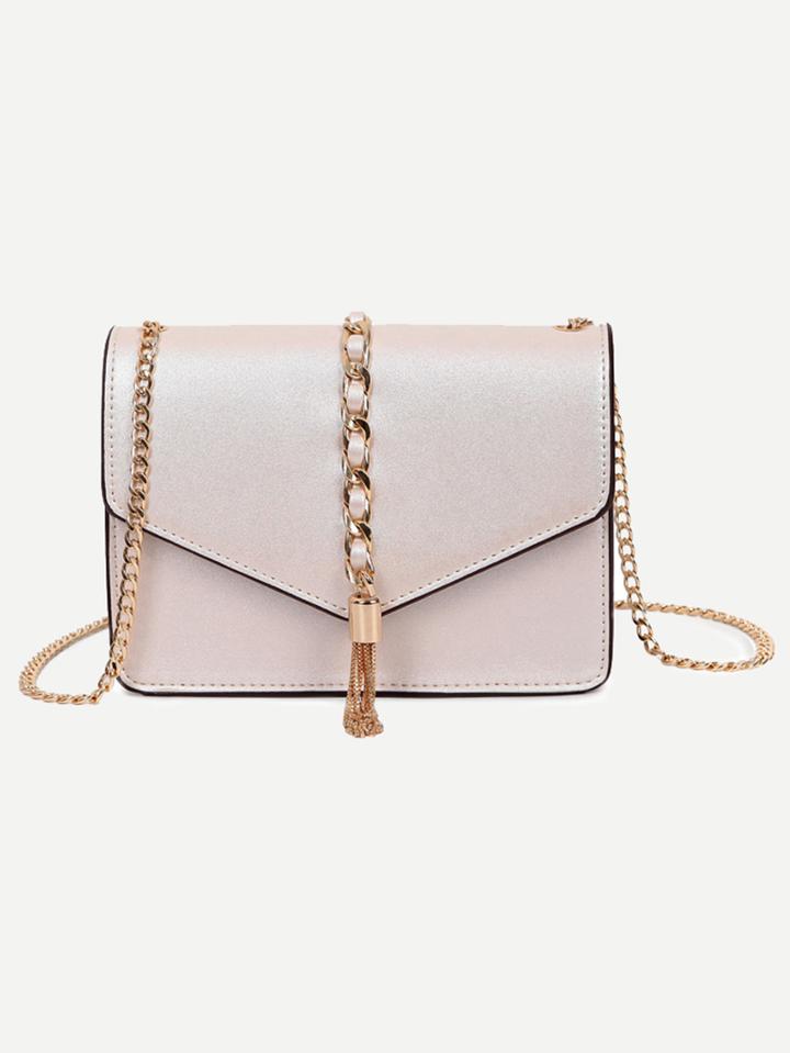 Romwe Beige Metal Tassel Trimmed Flap Chain Bag