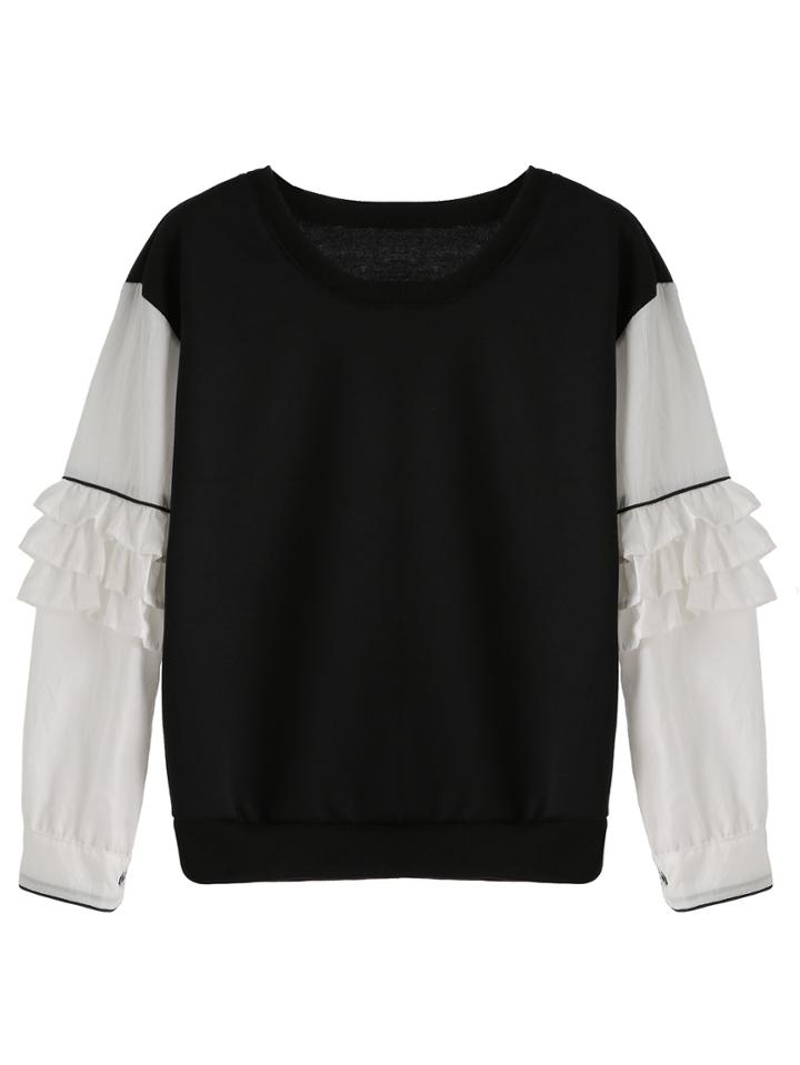 Romwe Black Contrast Sleeve Ruffle Sweatshirt