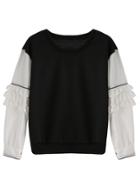 Romwe Black Contrast Sleeve Ruffle Sweatshirt