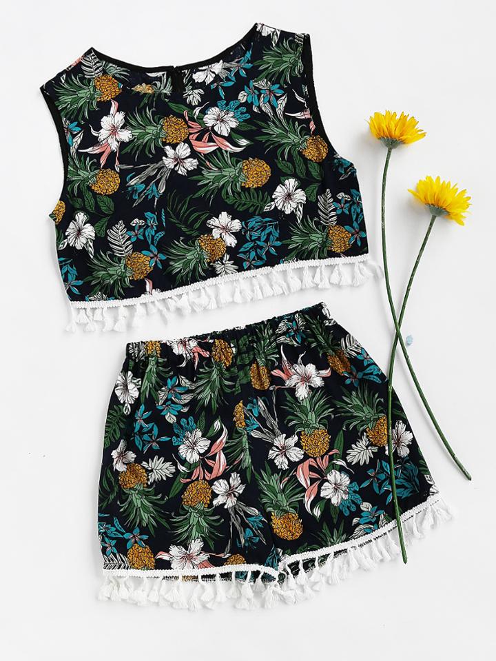 Romwe Printed Random Tassel Hem Tank Top With Shorts