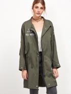 Romwe Army Green Slogan Embroidered Slit Back Drawstring Coat