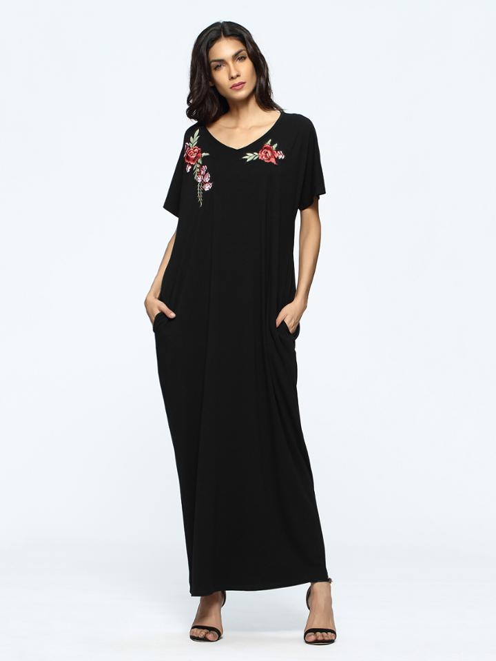 Romwe Rose Appliques Pockets Full Length Dress