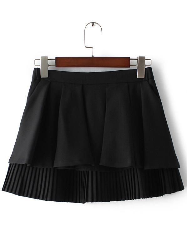 Romwe Black Pockets Zipper Back Pleated Culottes