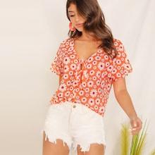 Romwe Tie Neck Floral Print Top