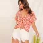 Romwe Tie Neck Floral Print Top
