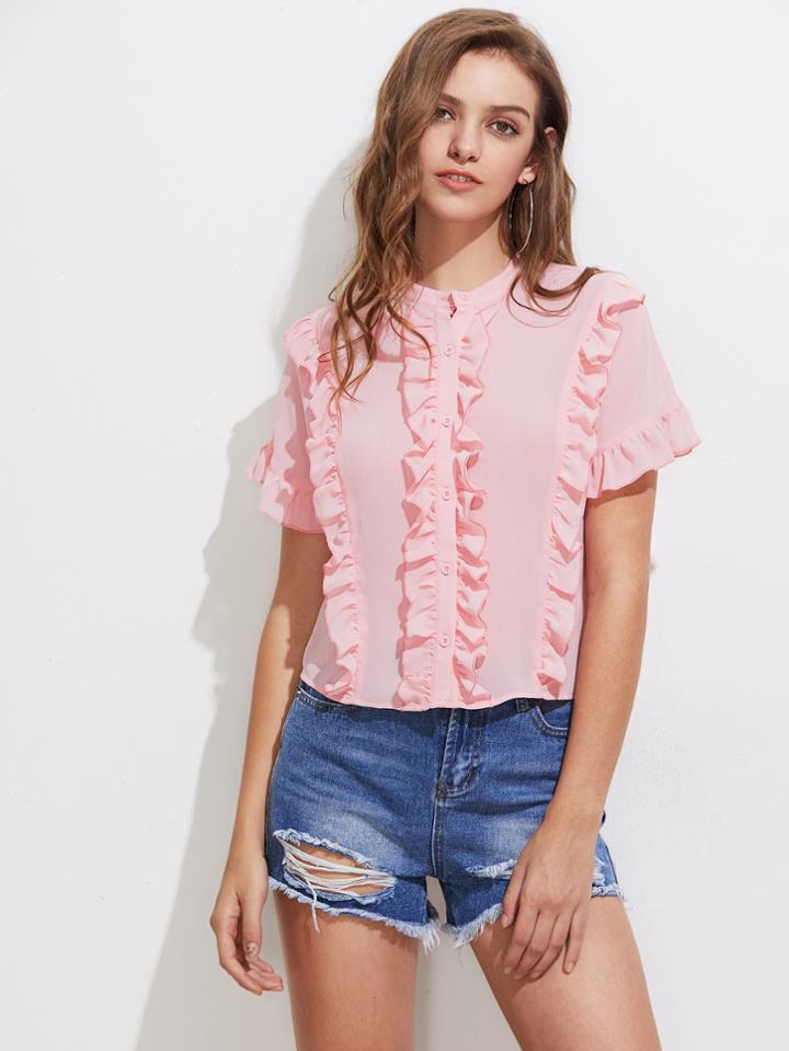 Romwe Frill Detail Crinkle Blouse