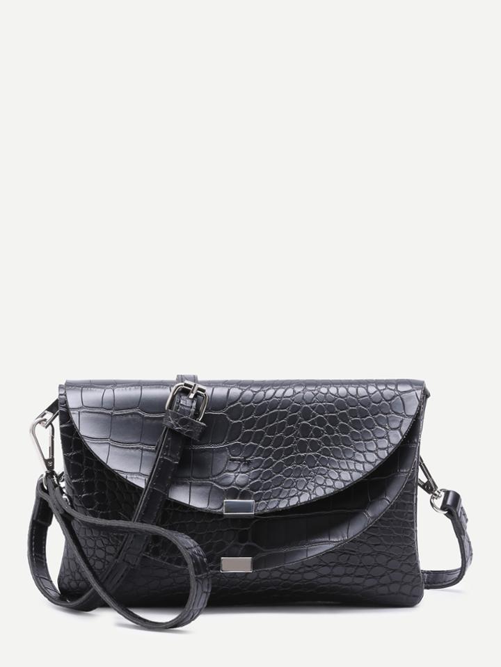 Romwe Black Croc Embossed Leather Flap Envelope Bag