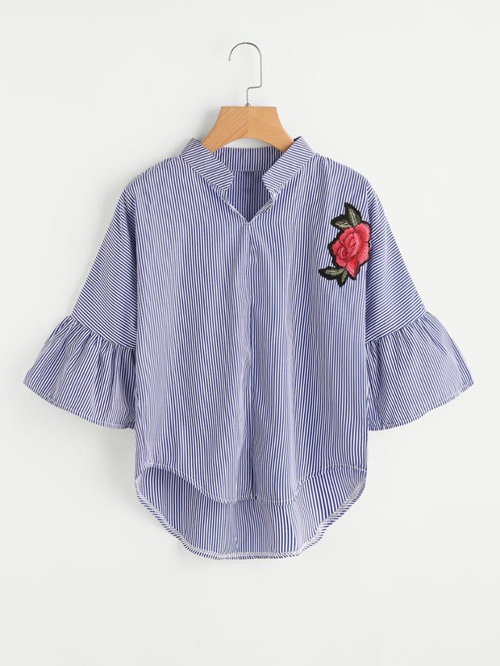 Romwe Embroidered Applique High Low Curved Hem Blouse