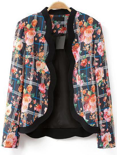 Romwe Black Long Sleeve Plaid Floral Fitted Blazer