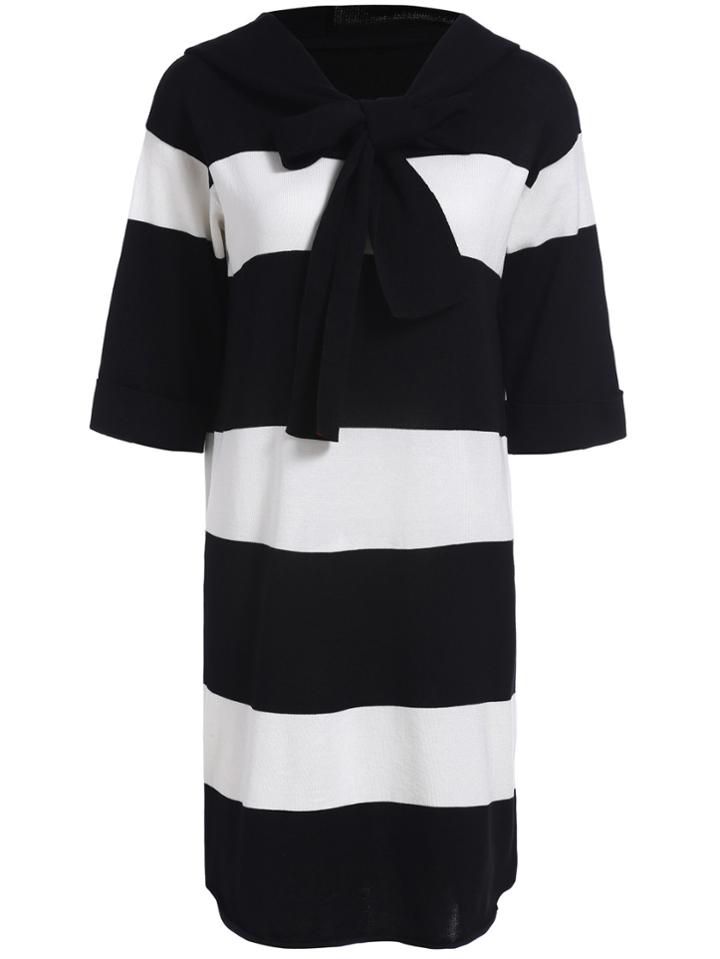 Romwe Hooded Self-tie Bow Striped Knit Dress
