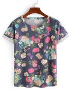 Romwe Colorful Flower Print Navy T-shirt