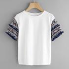 Romwe Aztec Sleeve With Coin Fringe T-shirt