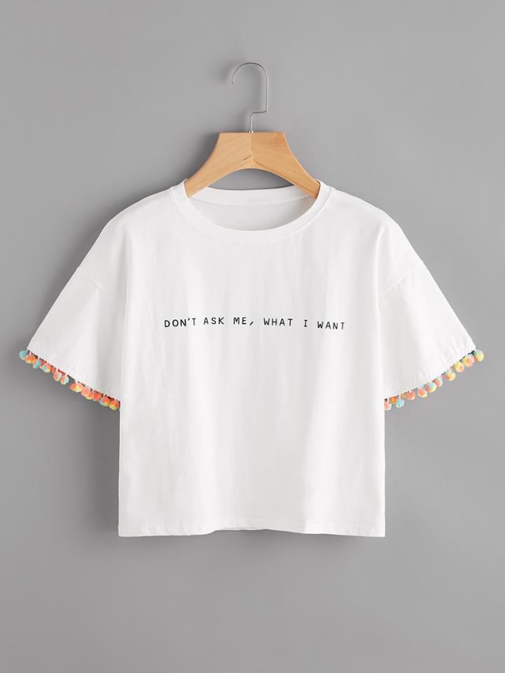 Romwe Slogan Print Pompom Cuff Tee