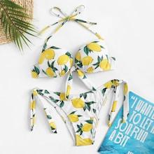 Romwe Random Lemon Print Underwired Top With Tie Side Bikini
