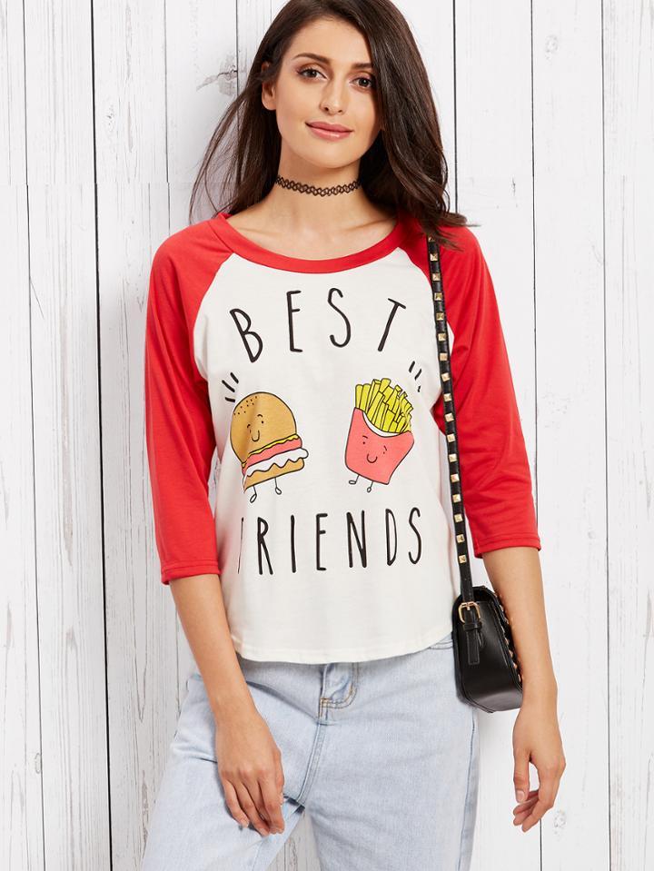 Romwe Color Block Letter Print Raglan Sleeve Curved Hem T-shirt