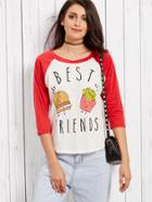 Romwe Color Block Letter Print Raglan Sleeve Curved Hem T-shirt