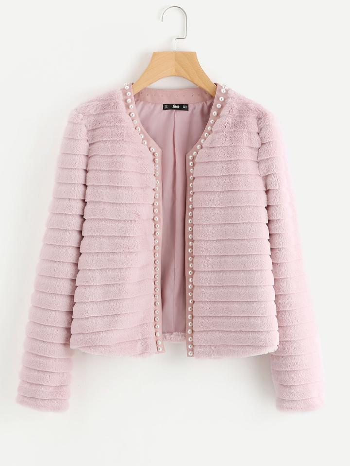 Romwe Pearl Beading Textured Faux Fur Coat