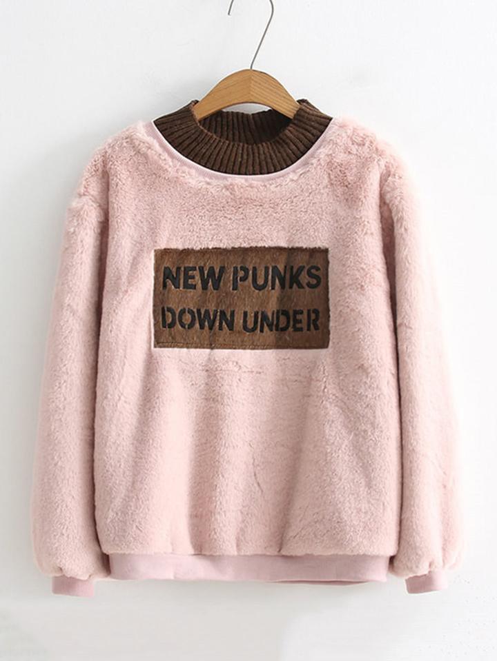Romwe Contrast Neck Faux Fur Sweatshirt