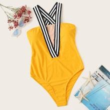 Romwe Striped Tape Criss Cross One Piece Swimsuit