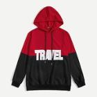Romwe Men Two-tone Letter Print Drawstring Hoodie