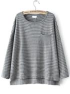 Romwe Dip Hem Striped Dropped Shoulder Seam Grey T-shirt