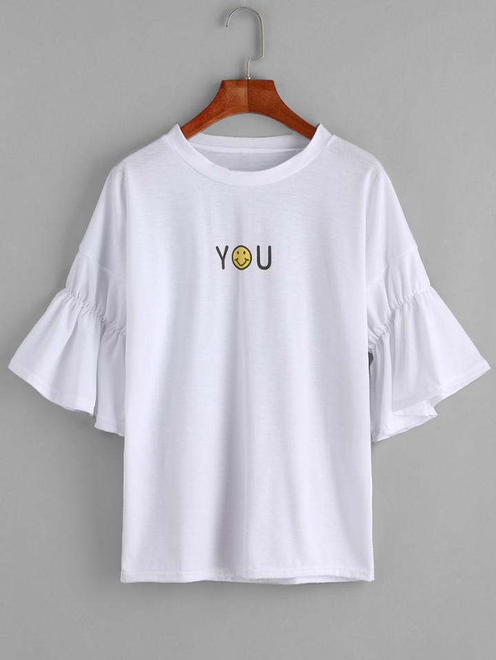 Romwe White Bell Sleeve Emoji Print T-shirt